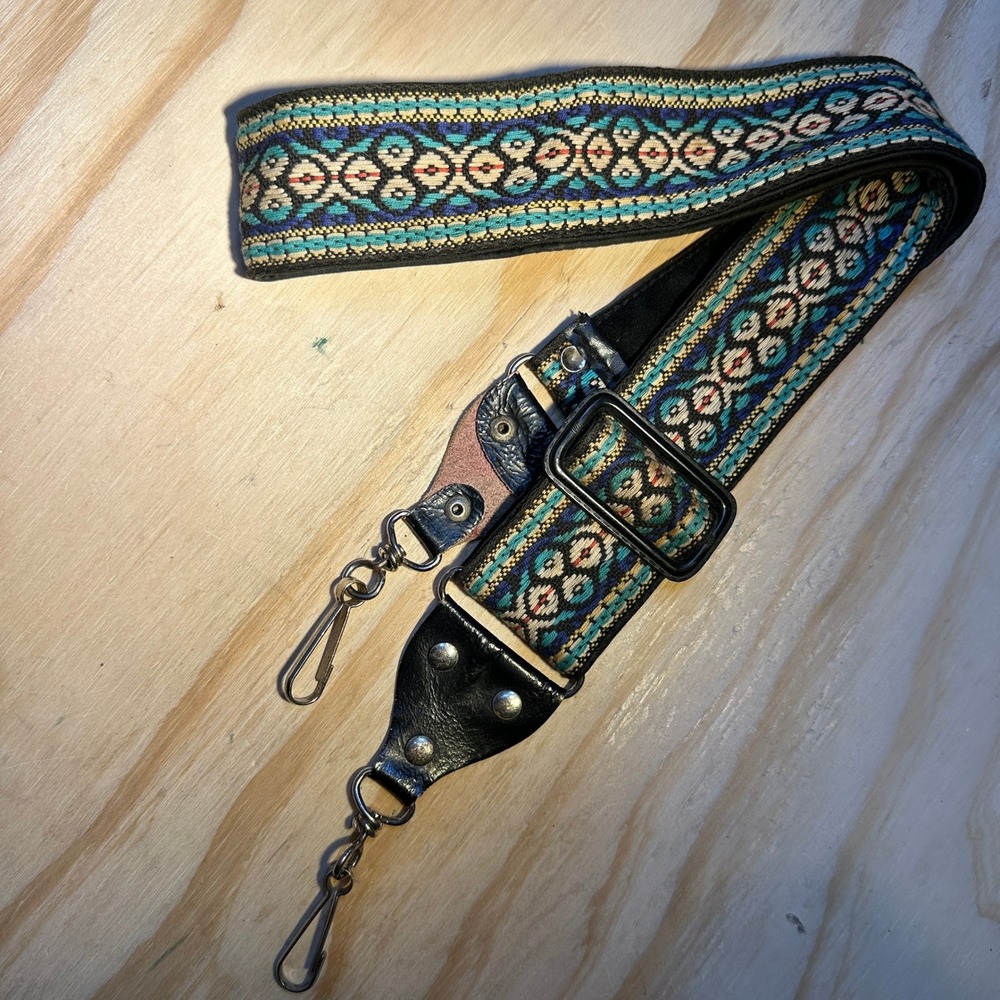Vintage Woven Boho Guitar Camera Bag Strap Blue Geometric Tapestry Swivel Clips